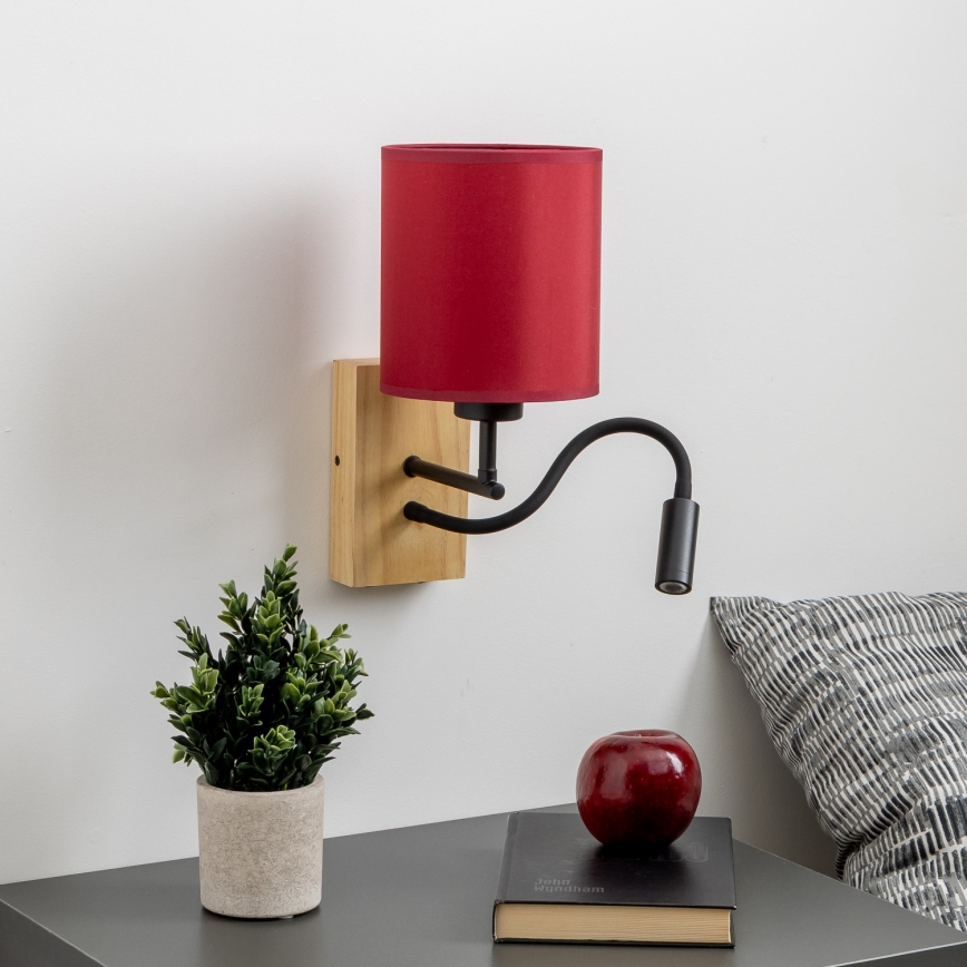 Brilagi - Applique murale LED flexible NUBILA WOOD 1xE27/25W/230V + LED/3W chêne/Pompéien rouge