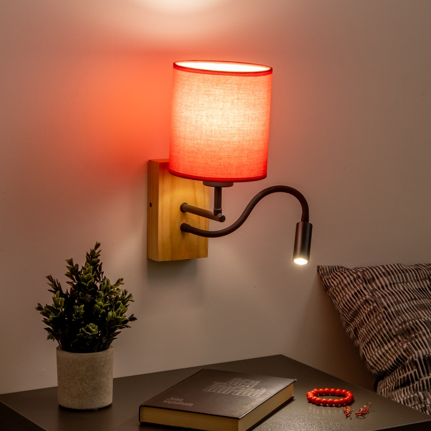 Brilagi - Applique murale LED flexible NUBILA WOOD 1xE27/25W/230V + LED/3W chêne/rouge