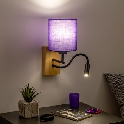 Brilagi - Applique murale LED flexible NUBILA WOOD 1xE27/25W/230V + LED/3W chêne/violet