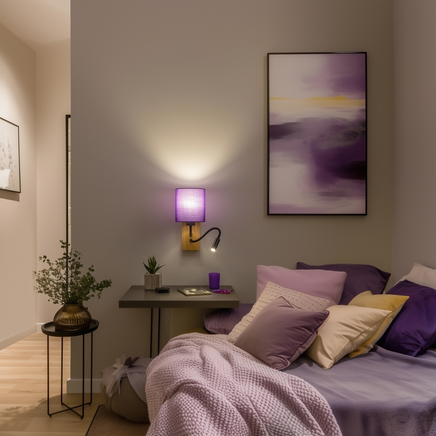 Brilagi - Applique murale LED flexible NUBILA WOOD 1xE27/25W/230V + LED/3W chêne/violet