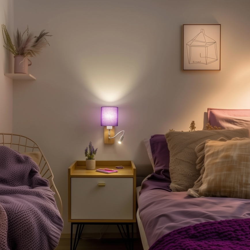 Brilagi - Applique murale LED flexible NUBILA WOOD 1xE27/25W/230V + LED/3W chêne/violet