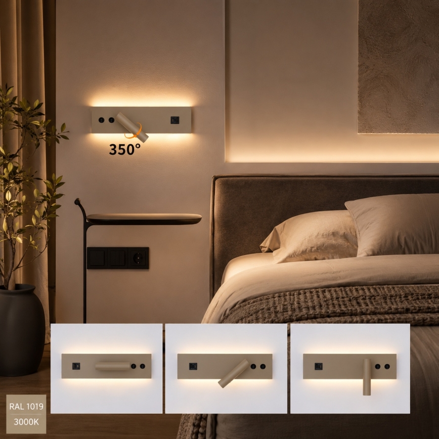 Brilagi - Applique murale spot LED NOCTIS avec port USB, LED/3W/230V + LED/9W, beige
