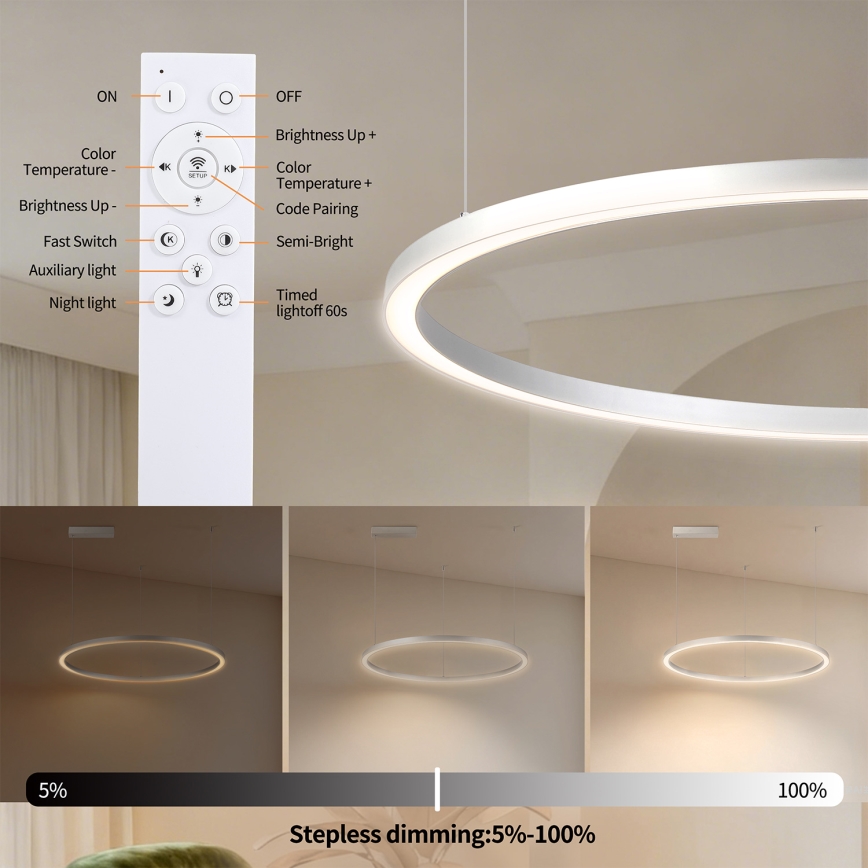 Brilagi - Suspension LED dimmable sur câble PORTOFINO LED/60W/230V 3000-6000K Ø 80 cm argentée + télécommande