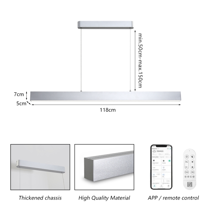 Brilagi - LED Dimmerbare hanglamp SLEEKLINE SMART LED/40W/230V 3000-6000K Wi-Fi Tuya argent + télécommande