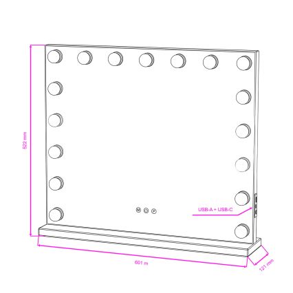 BRILAGI - Miroir de maquillage LED dimmable HOLLYWOOD LED/15W/230V CCT + 2x USB 60x50 cm noir