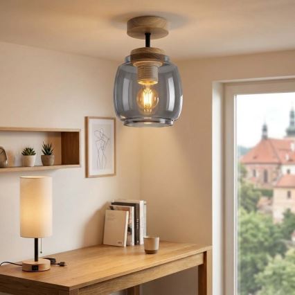 BRILAGI - Lustre plafonnier LED RETRO GLASS 1xE27/60W/230V Ø 26 cm chêne/gris fumé