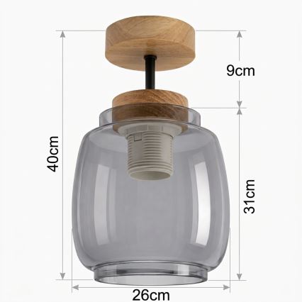 BRILAGI - Lustre plafonnier LED RETRO GLASS 1xE27/60W/230V Ø 26 cm chêne/gris fumé