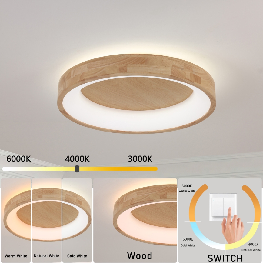 Brilagi - Plafonnier LED FALCON WOOD, 40 W, 230 V, 3000/4000/6000 K, Ø 60 cm, finition bois