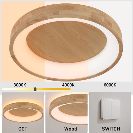 Brilagi - Plafonnier LED FALCON WOOD, 40 W, 230 V, 3000/4000/6000 K, Ø 60 cm, finition bois