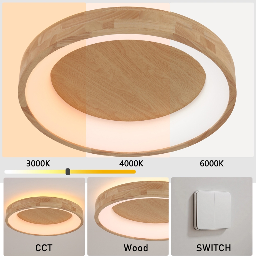 Brilagi - Plafonnier LED FALCON WOOD, 40 W, 230 V, 3000/4000/6000 K, Ø 60 cm, finition bois