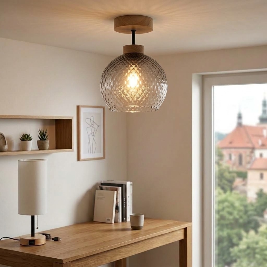 BRILAGI - LED Plafonnier RETRO GLASS 1xE27/60W/230V Ø 25 cm chêne/gris fumé