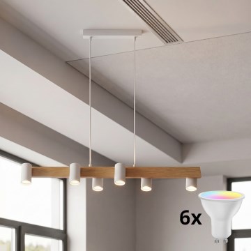 Brilagi - LED RGBW Suspension dimmable sur câble SELE 6xGU10/6,5W/230V 2700-6500K blanc/décor chêne + télécommande