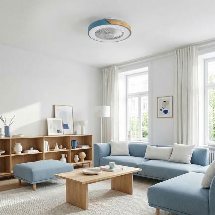 Brilagi - Plafonnier LED dimmable avec ventilateur, 38 W/230 V, 3000–6500 K, diam. 50 cm, bleu/chêne + télécommande