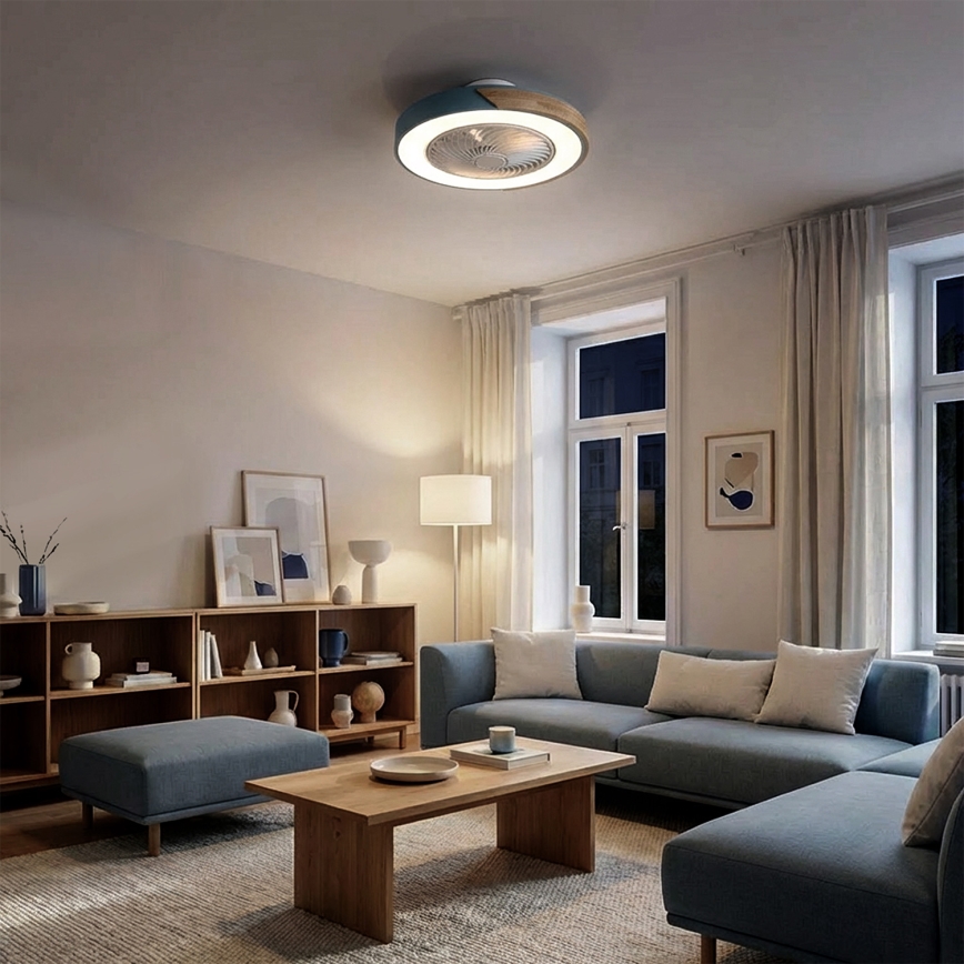 Brilagi - Plafonnier LED dimmable avec ventilateur, 38 W/230 V, 3000–6500 K, diam. 50 cm, bleu/chêne + télécommande