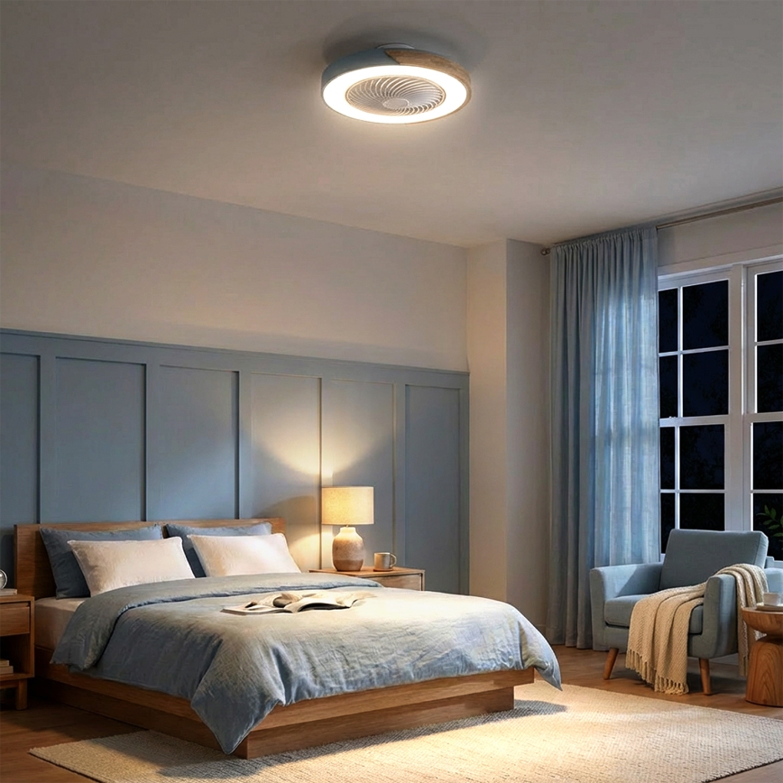 Brilagi - Plafonnier LED dimmable avec ventilateur, 38 W/230 V, 3000–6500 K, diam. 50 cm, bleu/chêne + télécommande