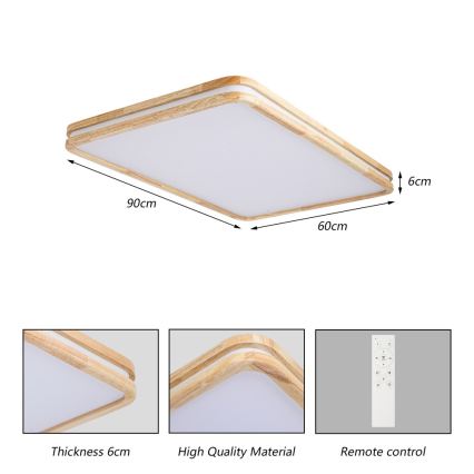 Brilagi - Plafonnier LED dimmable MOLINA SQUARE LED/128W/230V 3000-6000K chêne 90x60 cm + télécommande