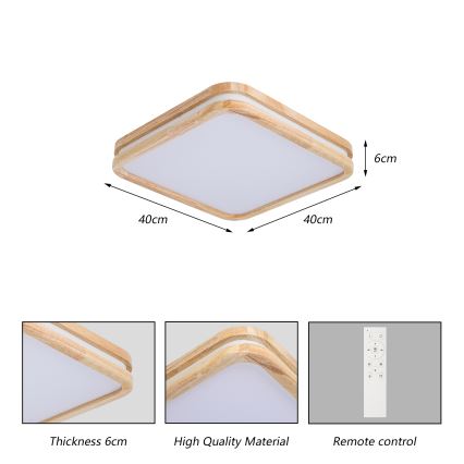 Brilagi - Plafonnier LED dimmable MOLINA SQUARE LED/48W/230V 3000-6000K chêne 40x40 cm + télécommande