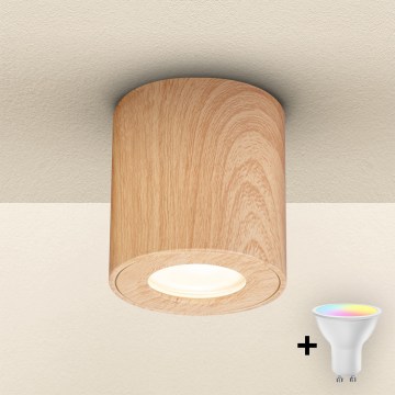 Brilagi - Luminaire LED RGBW dimmable pour salle de bains MIA 1xGU10/4,8W/230V 3000K 84x80 mm décor chêne IP44 + télécommande