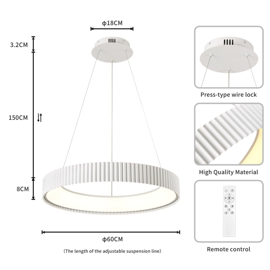 Brilagi - Suspension LED dimmable à câble FALCON MODERN LED/54W/230V Ø 60 cm blanche + télécommande