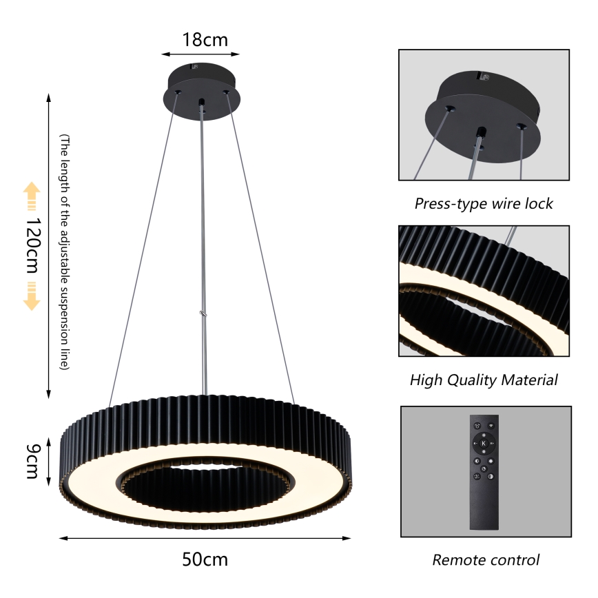Brilagi - Suspension LED dimmable sur câble LUMIX LED/48W/230V 3000-6000K noir Ø 50 cm + télécommande