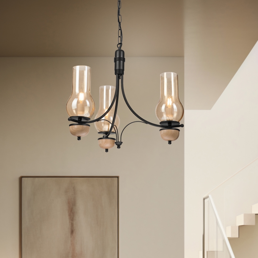 Brilagi - Lustre LED sur chaîne COTTAGE 3xE14/40W/230V chêne/noir/beige fumé