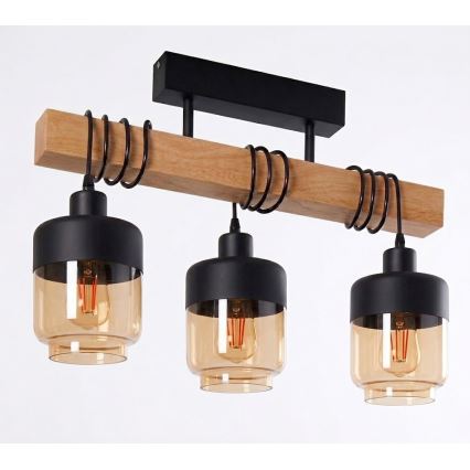 Brilagi - Plafonnier WOOD GLASS 3xE27/60W/230V pin/noir/brun fumé