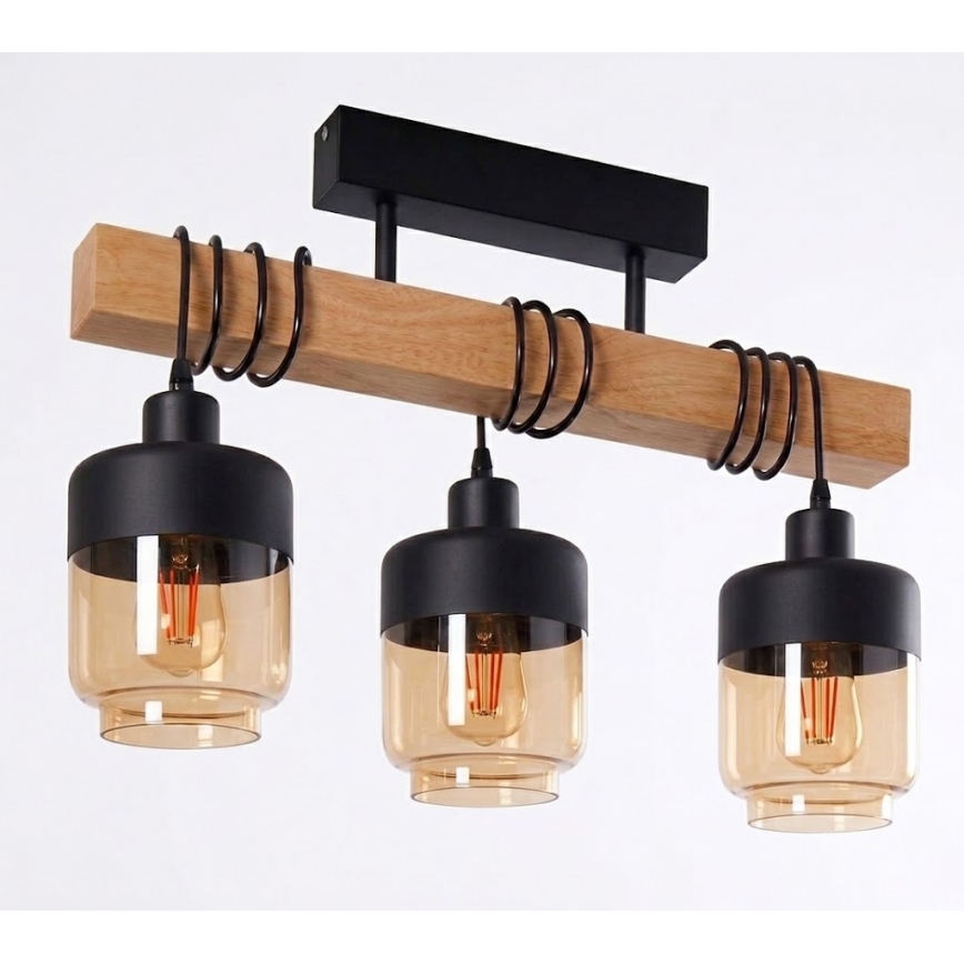 Brilagi - Plafonnier WOOD GLASS 3xE27/60W/230V pin/noir/brun fumé