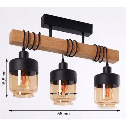 Brilagi - Plafonnier WOOD GLASS 3xE27/60W/230V pin/noir/brun fumé