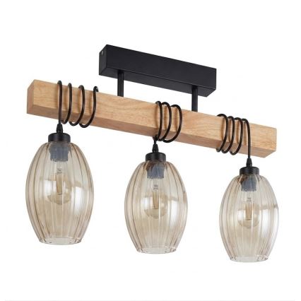 Brilagi - Lustre plafonnier à montage en surface WOOD GLASS 3xE27/60W/230V pin/noir/beige fumé