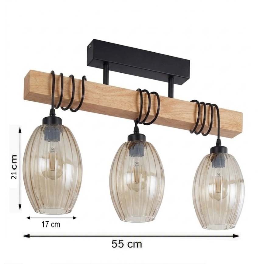 Brilagi - Lustre plafonnier à montage en surface WOOD GLASS 3xE27/60W/230V pin/noir/beige fumé