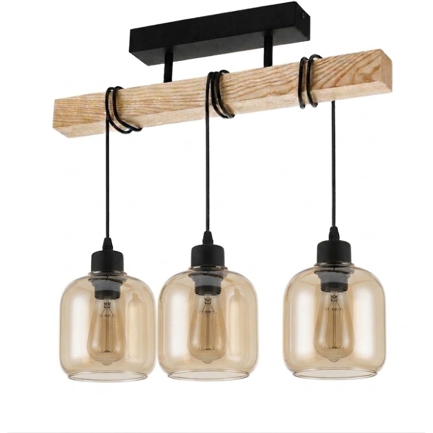 Brilagi - Plafonnier WOOD GLASS 3xE27/60W/230V pin/noir/brun fumé