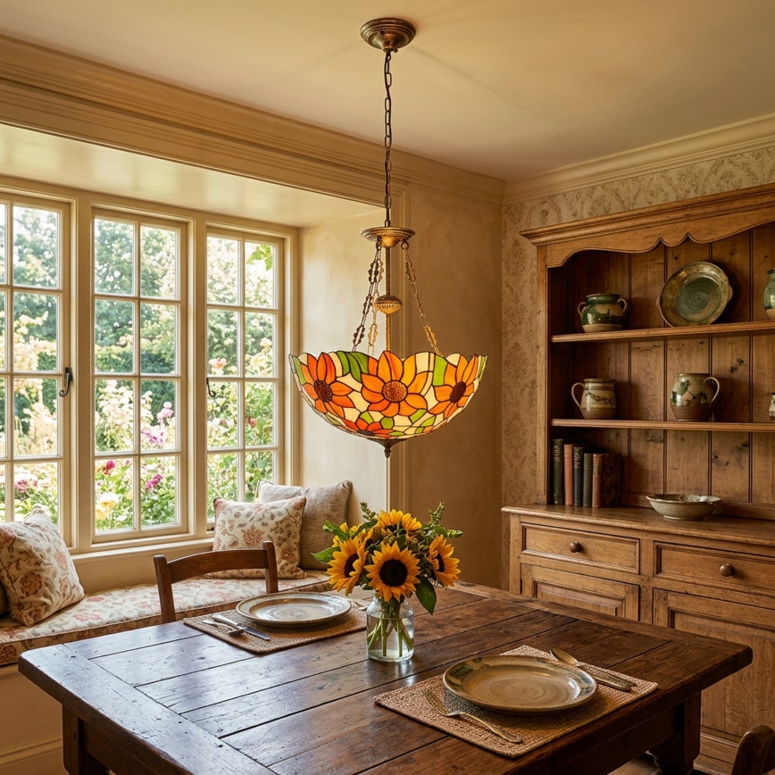 Brilagi - Lustre Tiffany en vitrail SUNFLOWER suspendu par une chaîne 3xE27/60W/230V Ø 50 cm
