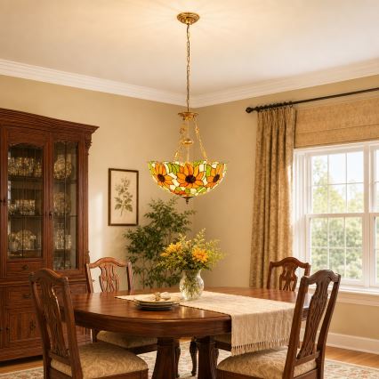 Brilagi - Lustre Tiffany en vitrail SUNFLOWER suspendu par une chaîne 3xE27/60W/230V Ø 50 cm