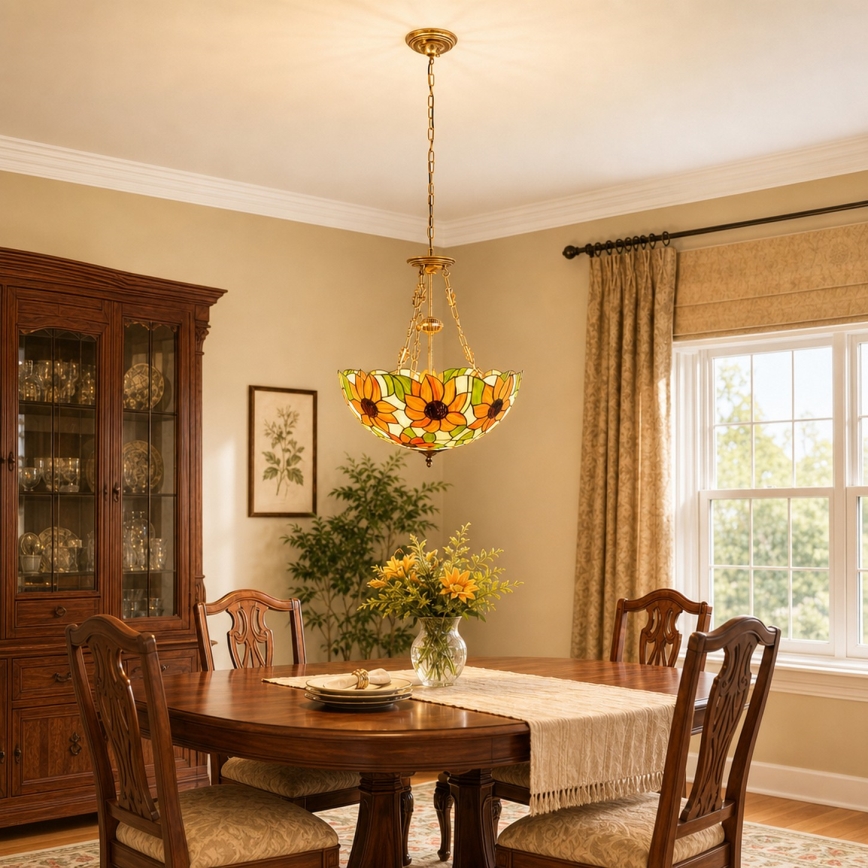 Brilagi - Lustre Tiffany en vitrail SUNFLOWER suspendu par une chaîne 3xE27/60W/230V Ø 50 cm