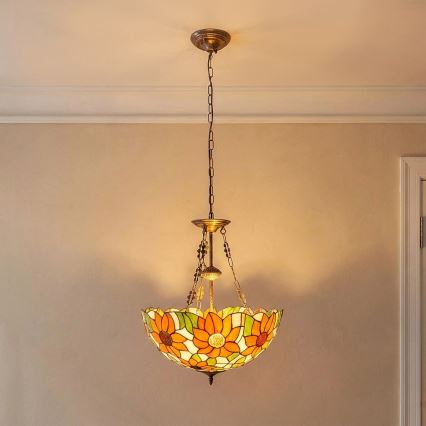 Brilagi - Lustre Tiffany en vitrail SUNFLOWER suspendu par une chaîne 3xE27/60W/230V Ø 50 cm