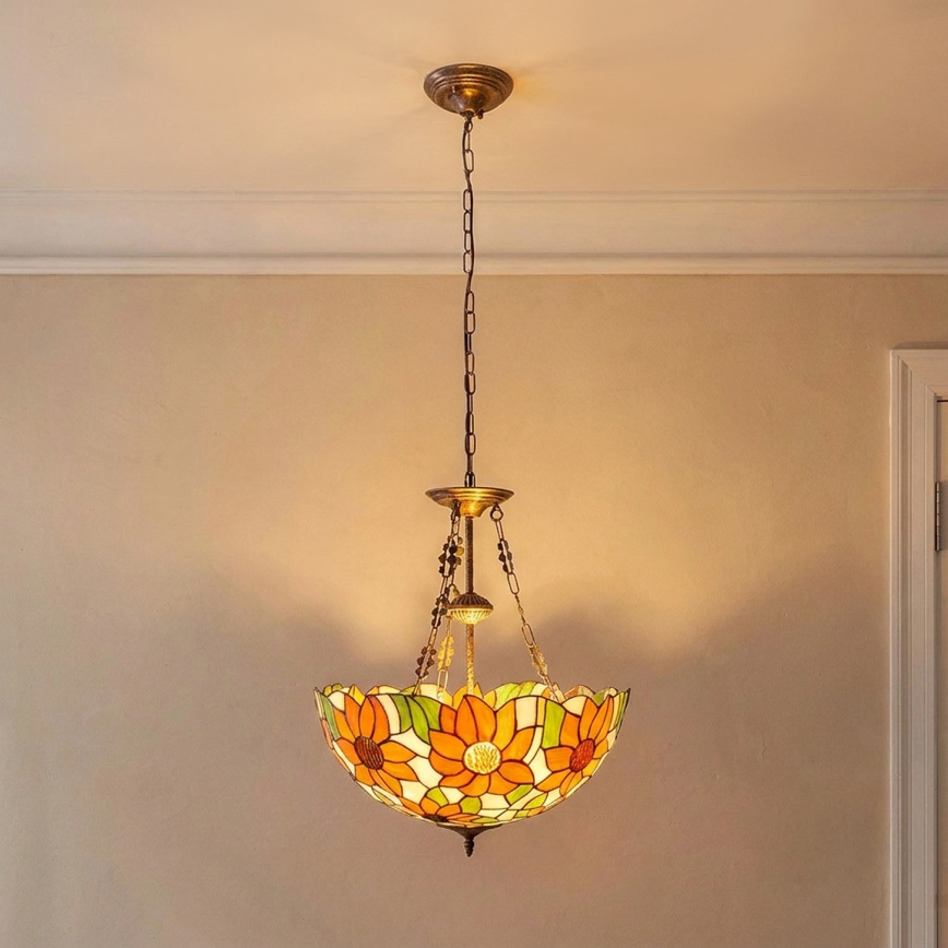 Brilagi - Lustre Tiffany en vitrail SUNFLOWER suspendu par une chaîne 3xE27/60W/230V Ø 50 cm
