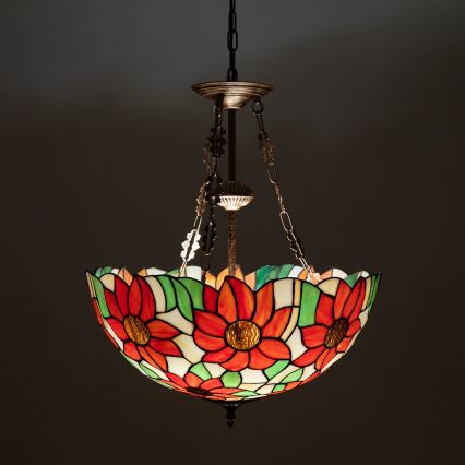 Brilagi - Lustre Tiffany en vitrail SUNFLOWER suspendu par une chaîne 3xE27/60W/230V Ø 50 cm