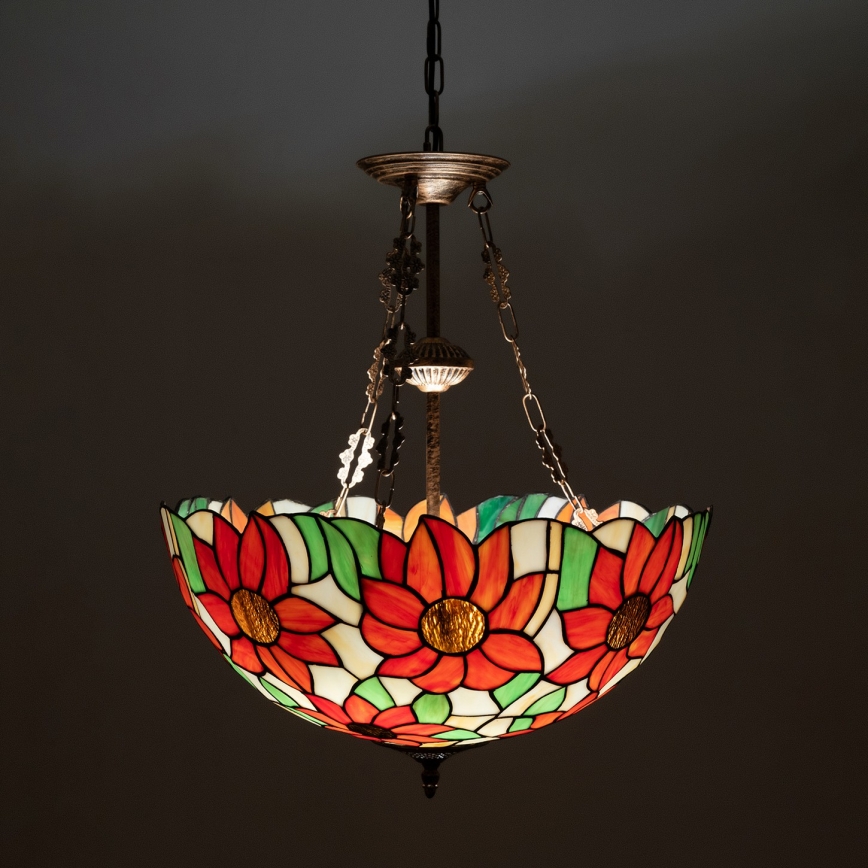 Brilagi - Lustre Tiffany en vitrail SUNFLOWER suspendu par une chaîne 3xE27/60W/230V Ø 50 cm