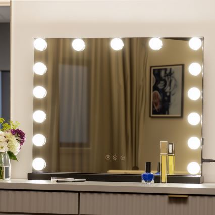 BRILAGI - Miroir de maquillage LED à intensité variable HOLLYWOOD LED/15W/230V CCT + USB noir