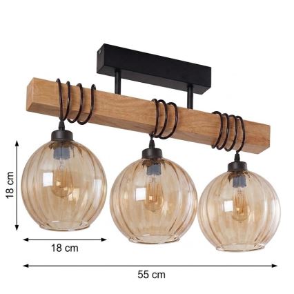 Brilagi - Plafonnier WOOD GLASS 3xE27/60W/230V pin/noir/brun fumé