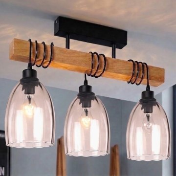Brilagi - Plafonnier à montage en surface WOOD GLASS 3xE27/60W/230V pin/noir/beige fumé