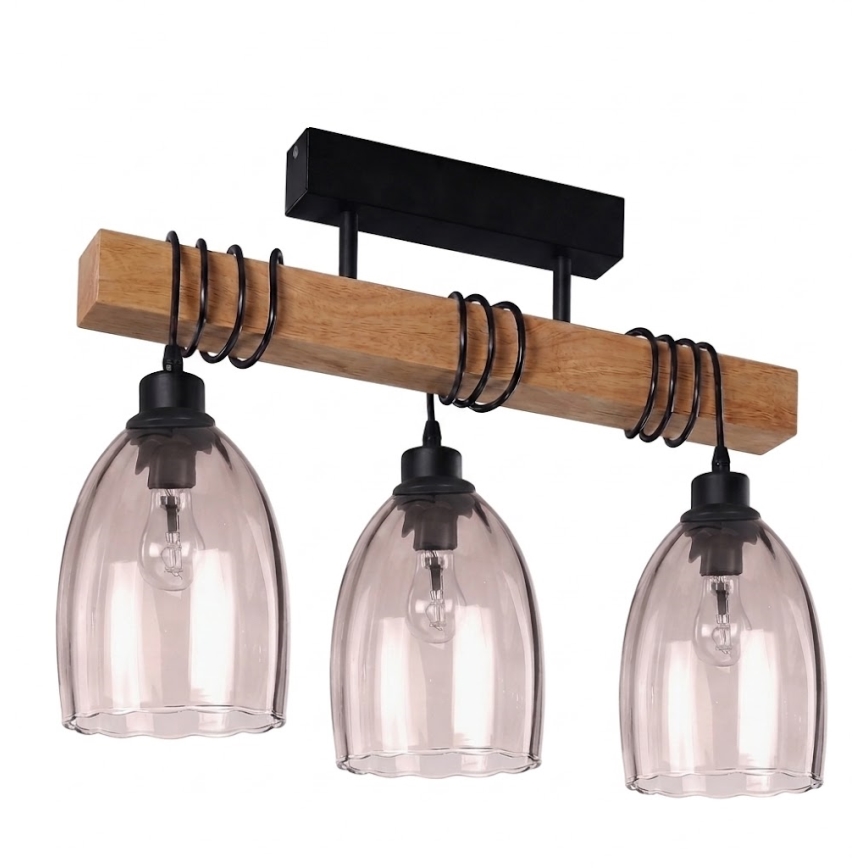 Brilagi - Plafonnier à montage en surface WOOD GLASS 3xE27/60W/230V pin/noir/beige fumé