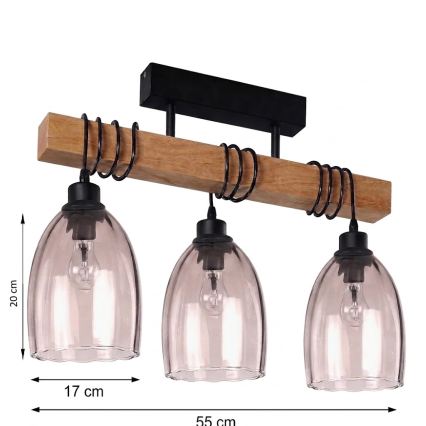 Brilagi - Plafonnier à montage en surface WOOD GLASS 3xE27/60W/230V pin/noir/beige fumé