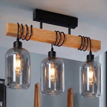 Brilagi - Plafonnier affleurant WOOD GLASS 3xE27/60W/230V pin/noir/gris fumé