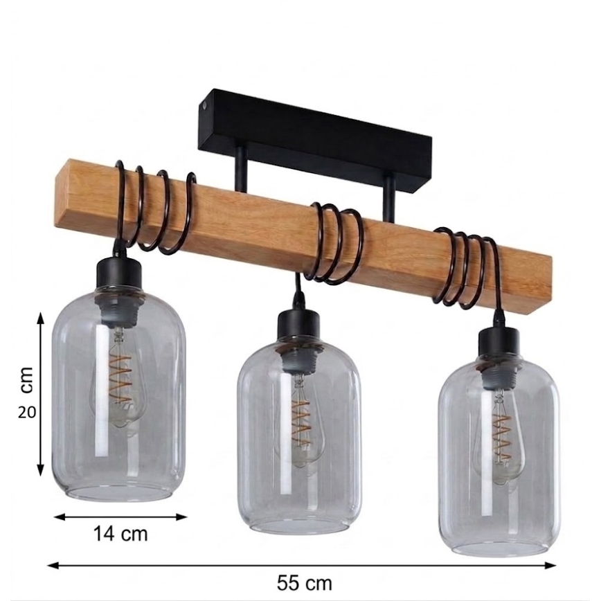 BRILAGI - Plafonnier affleurant WOOD GLASS 3xE27/60W/230V pin/noir/gris fumé