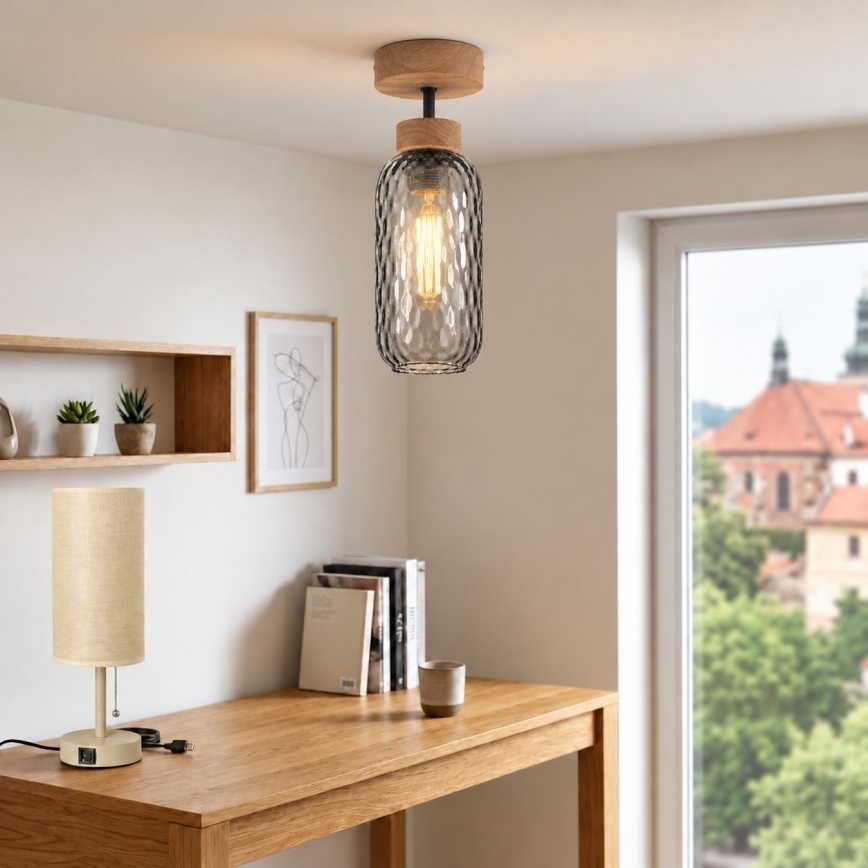 BRILAGI - Plafonnier LED affleurant RETRO GLASS 1xE27/60W/230V Ø 14 cm chêne/gris fumé
