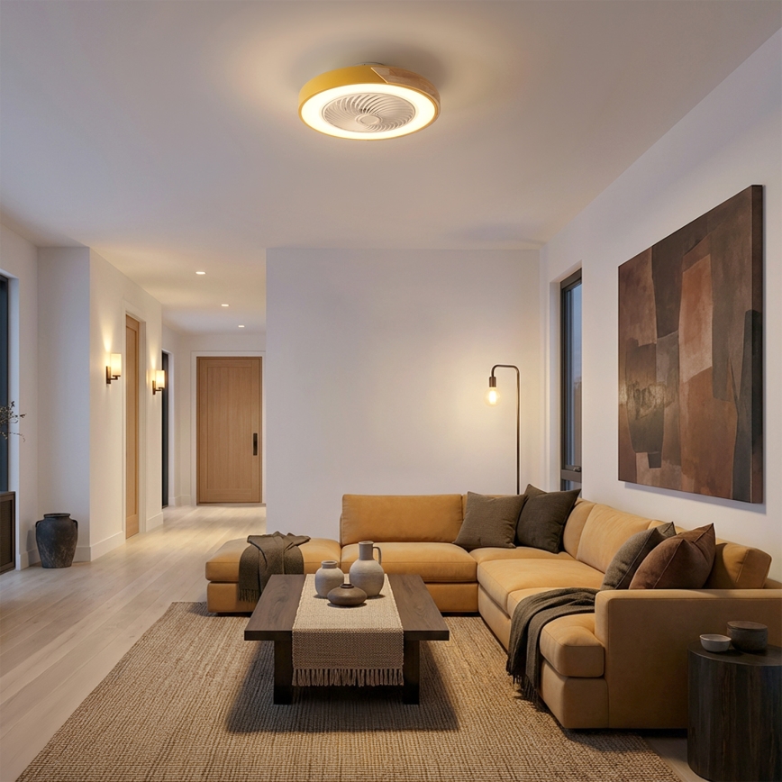 Brilagi - Plafonnier LED à intensité variable avec ventilateur LED/38W/230V 3000-6500K Ø 50 cm doré/chêne + télécommande
