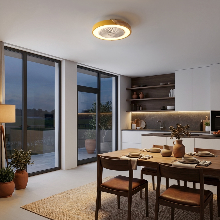Brilagi - Plafonnier LED à intensité variable avec ventilateur LED/38W/230V 3000-6500K Ø 50 cm doré/chêne + télécommande