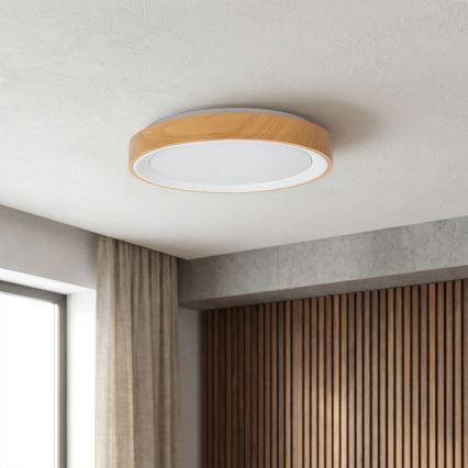 Brilagi - Plafonnier LED dimmable FLOCO LED/48W/230V Ø 40 cm décor bois/blanc + télécommande