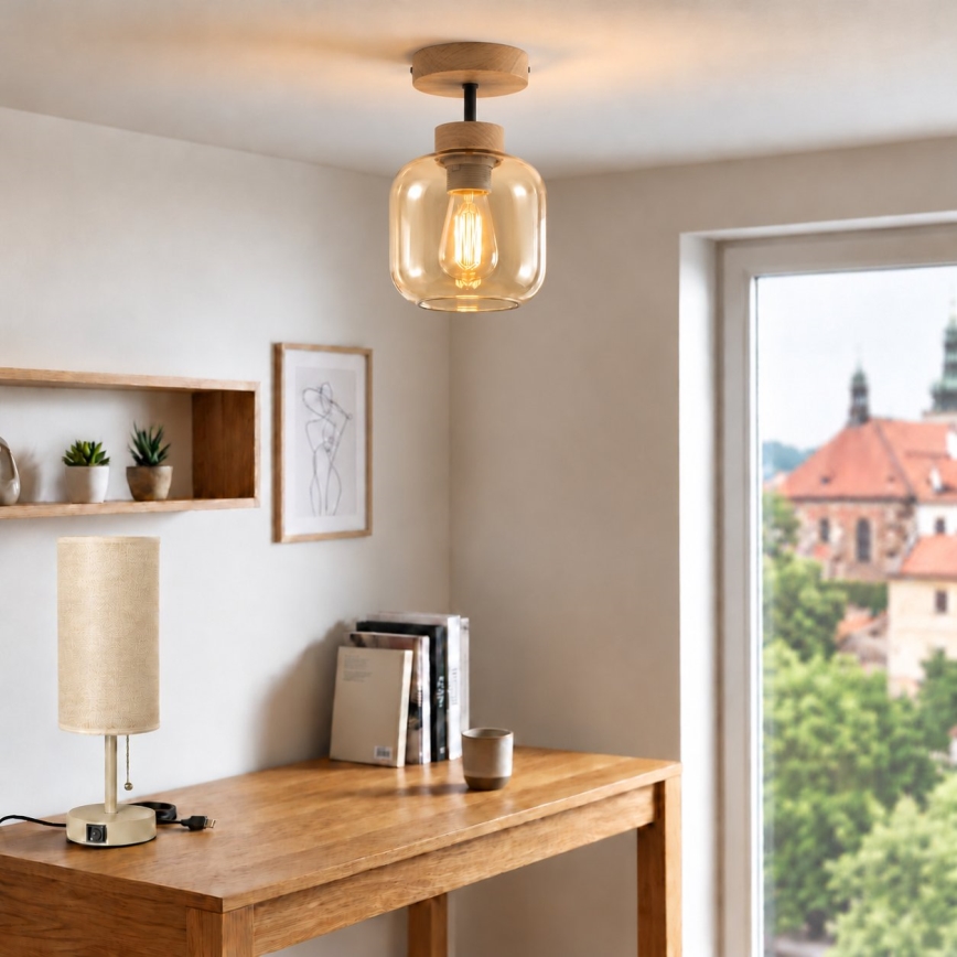 BRILAGI - LED plafonnier RETRO GLASS 1xE27/60W/230V Ø 14 cm chêne/beige fumé